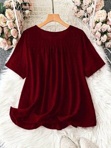 SHEIN LUNE Plus Size Summer Casual Solid Color Patchwork Lace Short Sleeve Shirt - Burgundy - View 2