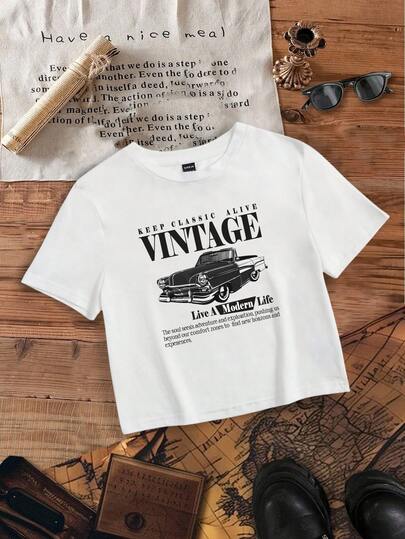 Attitoon 休闲复古风黑色汽车英文文字印花简约圆领修身短袖T恤，百搭夏季至初秋