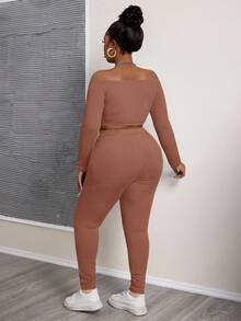 Slaydiva Conjunto de 2 piezas de top corto de hombros descubiertos y leggings ajustados de unicolor en talla grande, de tela acanalada con textura, casual y deportivo, para primavera/otoño - Marrón - Ver 2