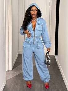 Slaydiva Women's Long Sleeve Zipper Front Multi-Pocket Casual Hooded Denim Jumpsuit Two Piece Denim Set Blue Denim Jumpsuit Jean Jumpsuit Denim Romper Jean Hooded Romper Blue Jean Jumpsuit Denim Jumpsuit Women Blue Denim One Piece Denim Hooded Jumpsuit Jean Jumpsuit Women Denim Jumpsuit Hot Halloween Women Costumes Women Rompers Denim Romper Women Jumpsuit Women Blue Jean Jumpsuit Women - Medium Wash - View 5