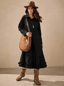 Wildy 美式乡村风休闲教师女装办公室衬衫连衣裙黑色开衫长袖新款秋季长款荷叶边下摆连衣裙 - 黑色 - 查看 6