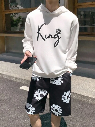 青少年男童休闲印花宽松舒适连帽衫和短裤套装