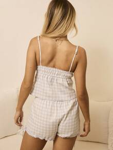 Aralina Sleepwear Fall Winter Plaid Gingham Cami And Short With Lace Trim Detail Two Pieces Set - Blue and White - View 2