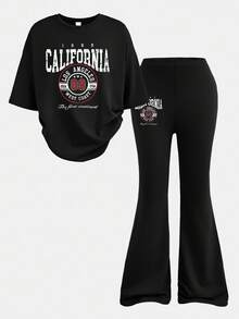 SHEIN Girlism 2pcs Tween Girls Casual Minimalist Letter Print Loose Short Sleeve T-Shirt And Flare Pants Set - Black - View 3