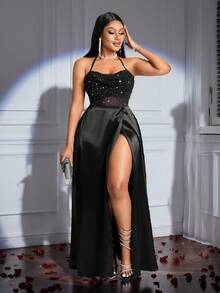 Veslaya 2025新款情人节、新年派对宴会晚会高端设计亮片拼接透明网眼缎面高开叉飘逸下摆垂坠领连衣裙 - 黑色 - 查看 1