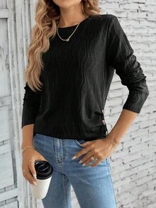 EMERY ROSE 女式休闲纯色纹理纽扣装饰T恤，秋季 - 黑色 - 查看 3