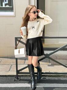 SHEIN Tween Girl Casual Cable Knit Intarsia Plain Crew Neck Bowknot Long Sleeve Sweater & Pleated Skirt 2-Piece Set, Back To School,Halloween ,Perfect For Christmas,Bow Pullover Set,In Fall/Winter