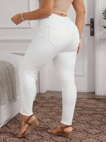 EMERY ROSE Plus Size Women High Waist Pockets Skinny Casual Versatile White Jeans Denim Pants - White - View 3
