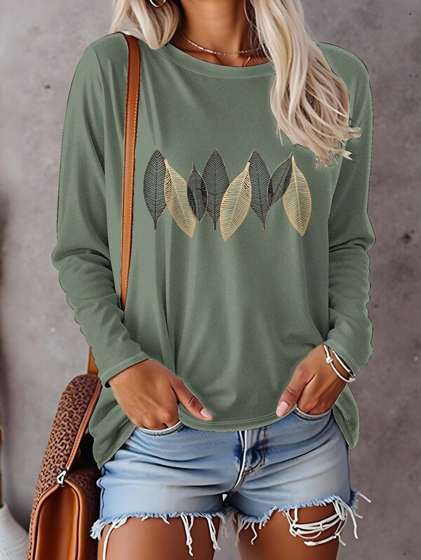 EMERY ROSE T-shirt à manches longues col rond imprimé feuilles pour femmes grande taille, hauts décontractés confortables pour femmes en automne à manches longues
