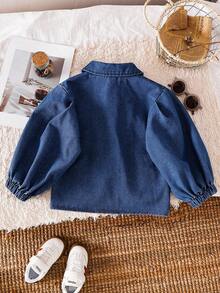 Genkimix Kids Girls' Korean Style Loose Denim Jacket With Exaggerated Ruffle Cuffs Fall Winter - Blue - View 2