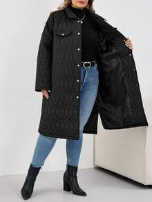 SHEIN CURVE+ Áo khoác giữ nhiệt tay dài có túi xéo cỡ lớn dành cho nữ mùa thu/thu/đông - màu đen - Xem 3