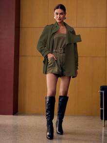 MOTF PREMIUM 不对称领口设计宽松腰部短款风衣 - 軍綠色 - 查看 4