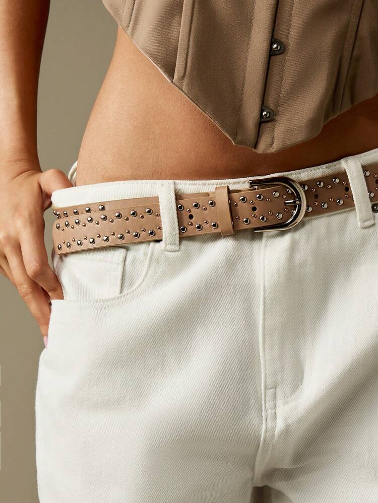 MISSGUIDED Studded Western Belt Double Row Metal Eyelet Design D Ring Buckle Fashion Accessory Fall Winter Casual Modern Vintage Statement Belt