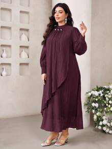 Veilorie Đầm suông dài tay xếp ly màu trơn cổ đứng cỡ lớn cho nữ - Màu đỏ tím - Xem 3