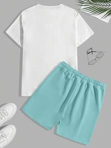 RueChic Men Cottonline Patched Pocket With A Label Drawstring Waist Regular T-Shirt & Short Two Pieces - Baby Blue - View 2