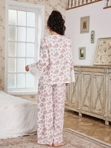 FloralLove CottageSlumber浪漫碎花刺绣荷叶边V领长袖上衣和裤子女士睡衣套装，秋冬蕾丝边睡衣套装女士睡衣两件套 - 杏色 - 查看 2