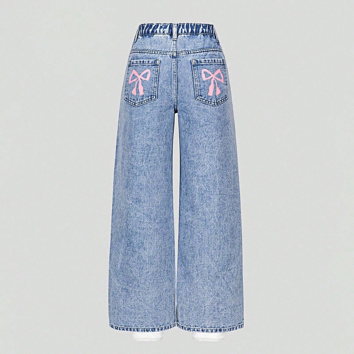 Pantalones vaqueros casuales de niña preadolescente de color azul claro con estampado de mariposa, de pierna ancha y corte holgado, cómodos y versá