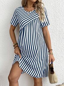 Boho Mama Maternity Women's Round Neck Short Sleeve Striped Dress
