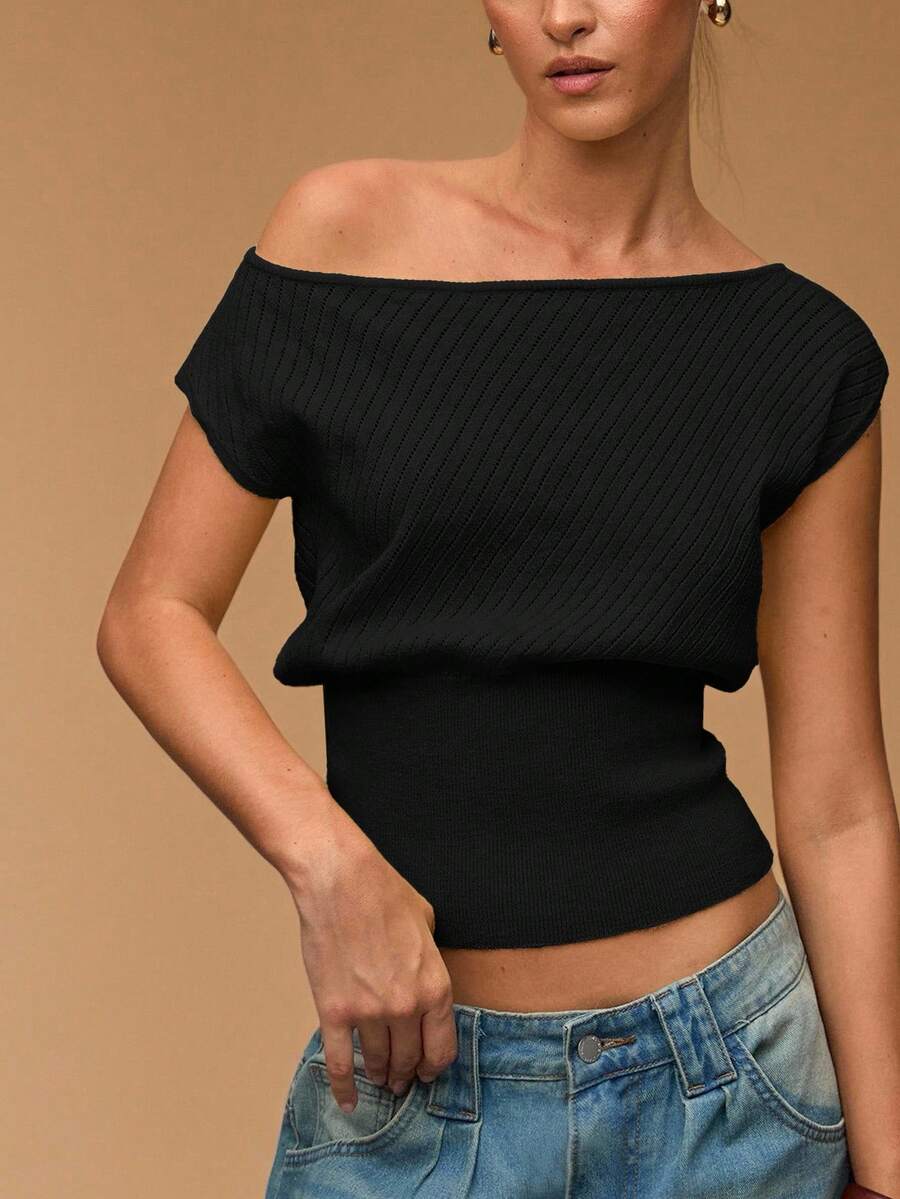 SHEIN BAE 休闲百搭纯色不对称领针织上衣 - 黑色 - 查看 1