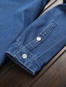 Manfinity Homme 男士休闲修身长袖牛仔衬衫，带口袋，街头风格，秋季 - 中等水洗藍 - 查看 5