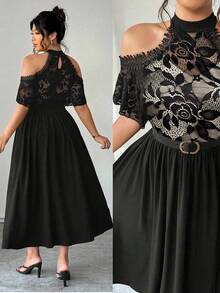 Elenzga 加大码 V 领蕾丝拼接弹力针织面料露肩短袖荷叶边饰腰部喇叭下摆休闲度假派对中长连衣裙 - 彩色 - 查看 7