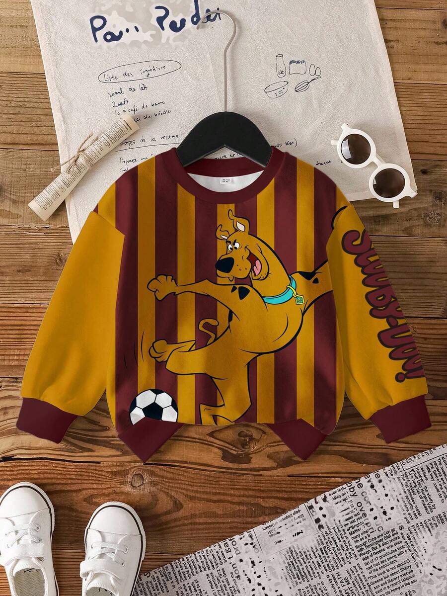 SCOOBY-DOO X SHEIN Felpa girocollo a maniche lunghe da ragazzo con motivi a righe e cartoni animati, in stile color block - Bianco - Visualizzare 1