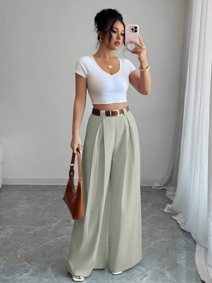 Selianne Culotte de cintura alta sólido color albaricoque, estilo elegante adecuado para uso diario y trabajo, vintage para temporada de graduación, festival de música, Derby, Día de la Independencia - Verde - Ver 1