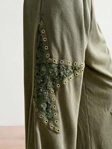 Bohemela Casual Solid Color Knit Loose Wide-Leg Women Pants Wide Leg Pants Loose Pants Lace Up Pants Boho Pants Eyelet Pants - Army Green - View 3