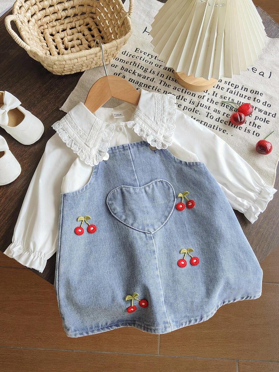 SHEIN Vintaside Kids 2 件女婴休闲可爱领长袖衬衫和围兜裤套装，带有 3D 花卉装饰，适合春秋季日常穿着