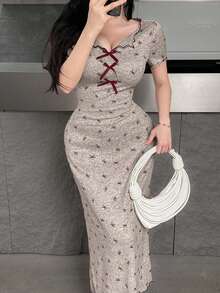 Feyla Váy dài họa tiết bướm thanh lịch dành cho nữ, mùa hè - Màu be - Xem 4