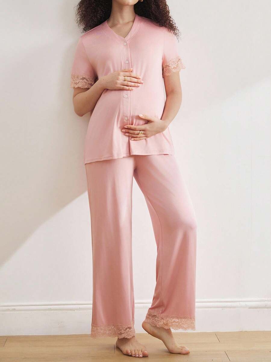 Moonlight&Mama 2件套孕妇蕾丝边家居服套装 - 藕粉色 - 查看 1