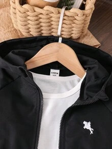 SHEIN Genkimix Kids 1 件年轻男孩休闲简约街头风格连帽长袖夹克，时尚休闲设计，适合夏季穿着，适合 4-7 岁男孩日常穿着，适合运动、户外、返校季节 - 黑色 - 查看 3