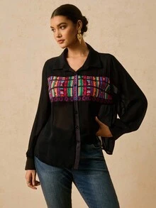 SHEIN VCAY Plus Size Women's Black Chiffon Blouse,Boho Print Long Sleeve Shirt For Autumn Summer,Dinner Tops,Fall Clothes Blouses For Women New - Black - View 4