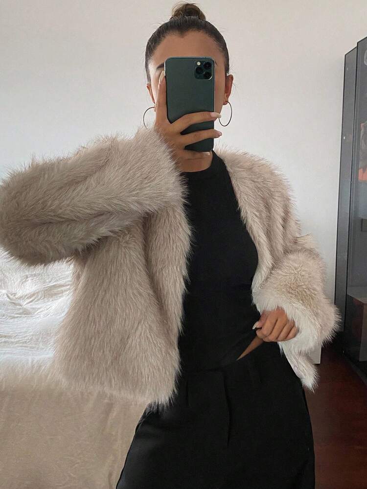 Women's Casual Front Open Faux Fur Jacket, Autumn/Winter Women Coats