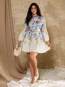 Roveilla 大码女式花卉印花立领灯笼袖优雅连衣裙 - 彩色 - 查看 8