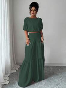 Elenzga Bộ 2 áo crop top tay bồng lãng mạn thanh lịch và chân váy chữ A cho nữ - Màu xanh lá cây đậm - Xem 4