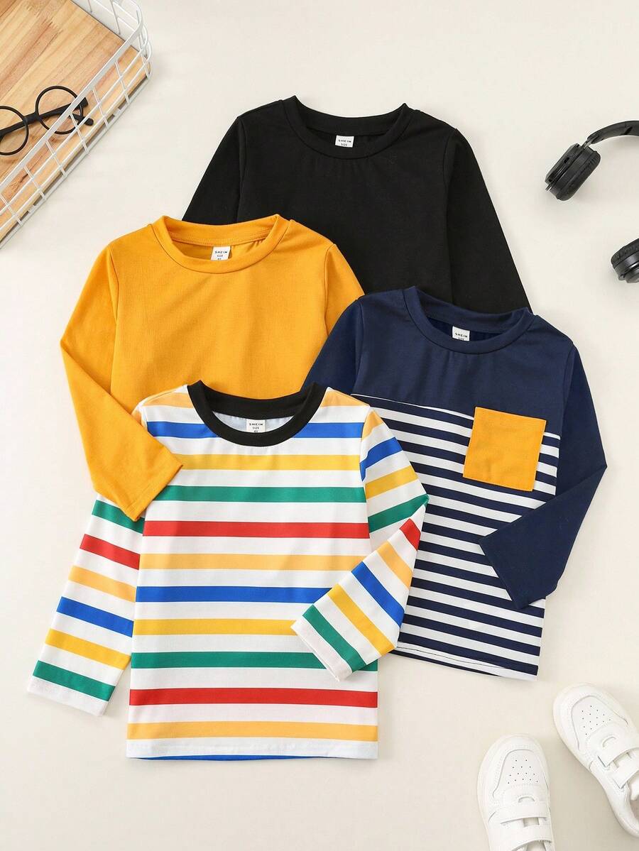 Bộ 4 áo thun tay dài cổ tròn kẻ sọc màu trơn thường ngày cho trẻ em, thoải mái và đa năng, thích hợp mặc ngoài trời, trong nhà, trường học, tiệc tùng, Giáng sinh, năm mới, xuân/hè/thu/đông - Nhiều màu - Xem 1