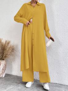 SHEIN LUNE 女士纯色长袖单排扣长衬衫和裤子休闲宽松两件套 - 黃色 - 查看 6