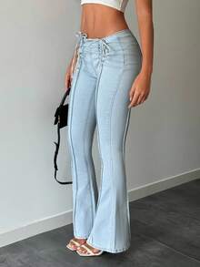 Siren Gaze Women's Solid Color Drawstring Waist Jeans With Pockets And Flared Legs - Blue - View 1