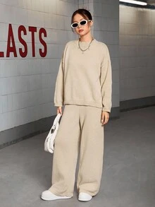 Sparklyn 少女纯色圆领长袖毛衣和裤子套装 - 杏色 - 查看 4