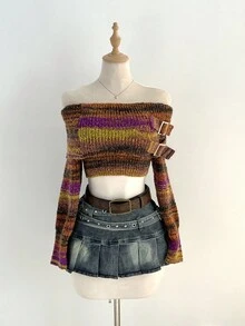 Elamini 1pc Sexy Off-Shoulder Ombre Short Knitted Long Sleeve Sweater For Women