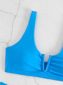 SHEIN Swim Basics Summer Beach Plain Notched Neck Bikini Set - Blue - View 4