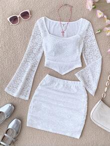 女童白色蕾丝领T恤和褶皱裙套装，下午茶装，白色度假套装，蕾丝套装，秋冬长袖度假套装 - 白色 - 查看 1