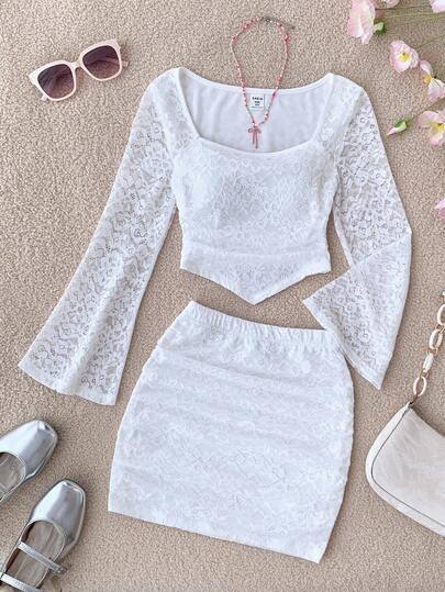 Tween Girls vit spetskrage t-shirt och rynkad kjol set, Afternoon Tea outfit, vitt semesterset, spetsset, långärmat semesterset för höst/vinter