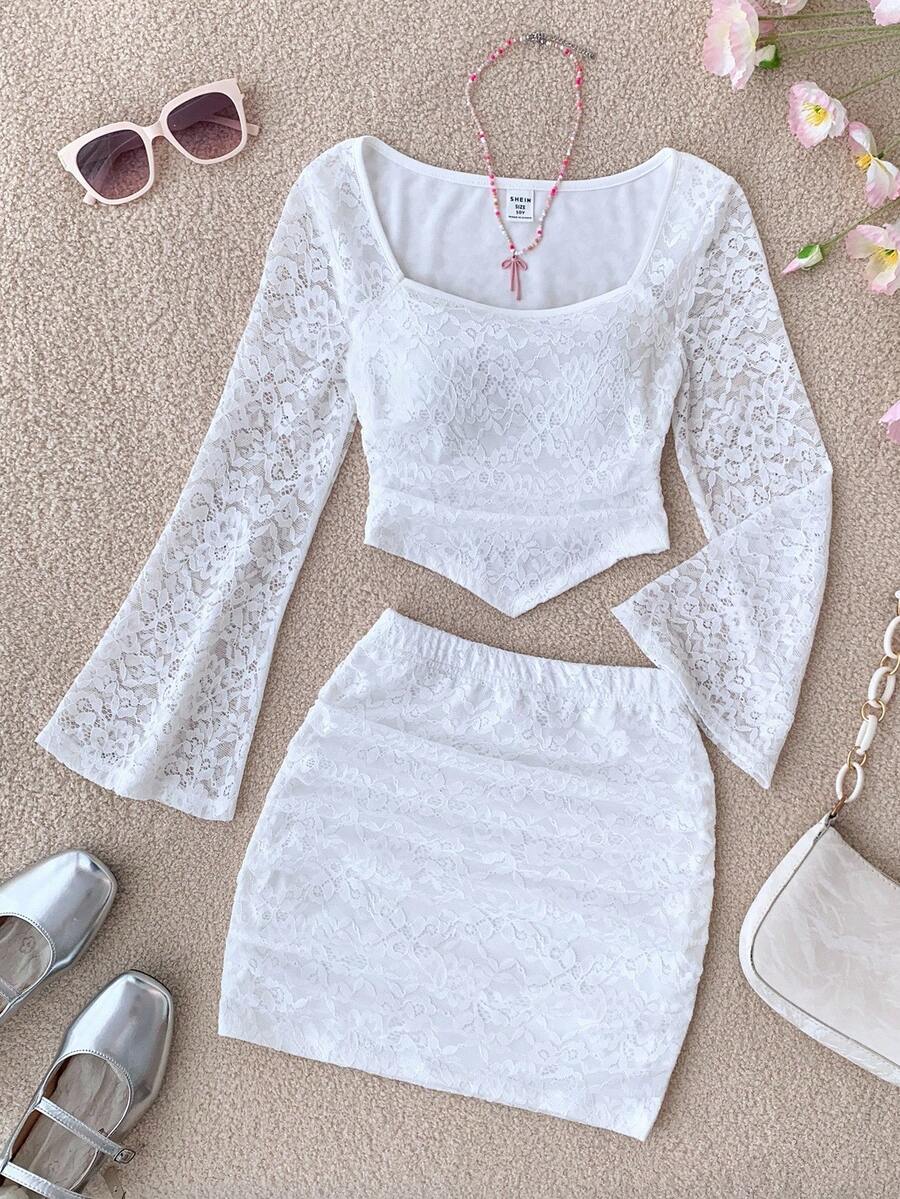 女童白色蕾丝领T恤和褶皱裙套装，下午茶装，白色度假套装，蕾丝套装，秋冬长袖度假套装 - 白色 - 查看 1