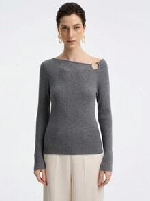 Aalyst 女士优雅修身斜肩金属扣设计长袖毛衣 - 灰色 - 查看 3