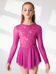 SHEIN 青少年女孩花样滑冰服装，紫红色闪亮水钻装饰优雅舒适合身网眼裙紧身衣，适合比赛和训练 - 紫色 - 查看 4