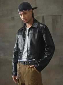 AXEPEAK Men's Turndown Collar Long Sleeve Front Zipper Short Jacket, Fall Winter, Grunge - Black - View 3