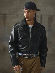 AXEPEAK Men's Turndown Collar Long Sleeve Front Zipper Short Jacket, Fall Winter, Grunge - Black - View 7