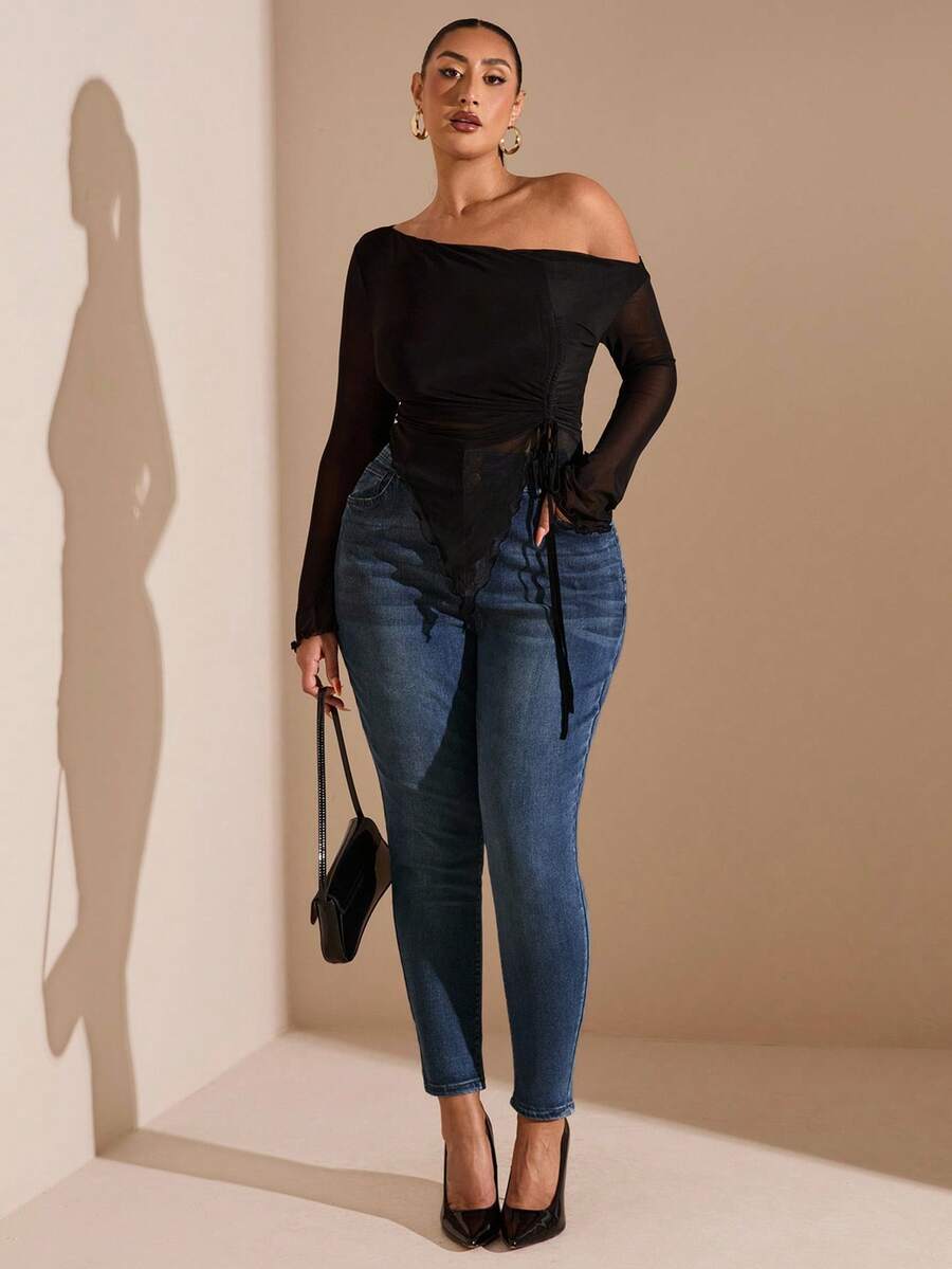 SHEIN BAE 女性加大碼高腰修身牛仔褲 - 藍色 - 查看 1